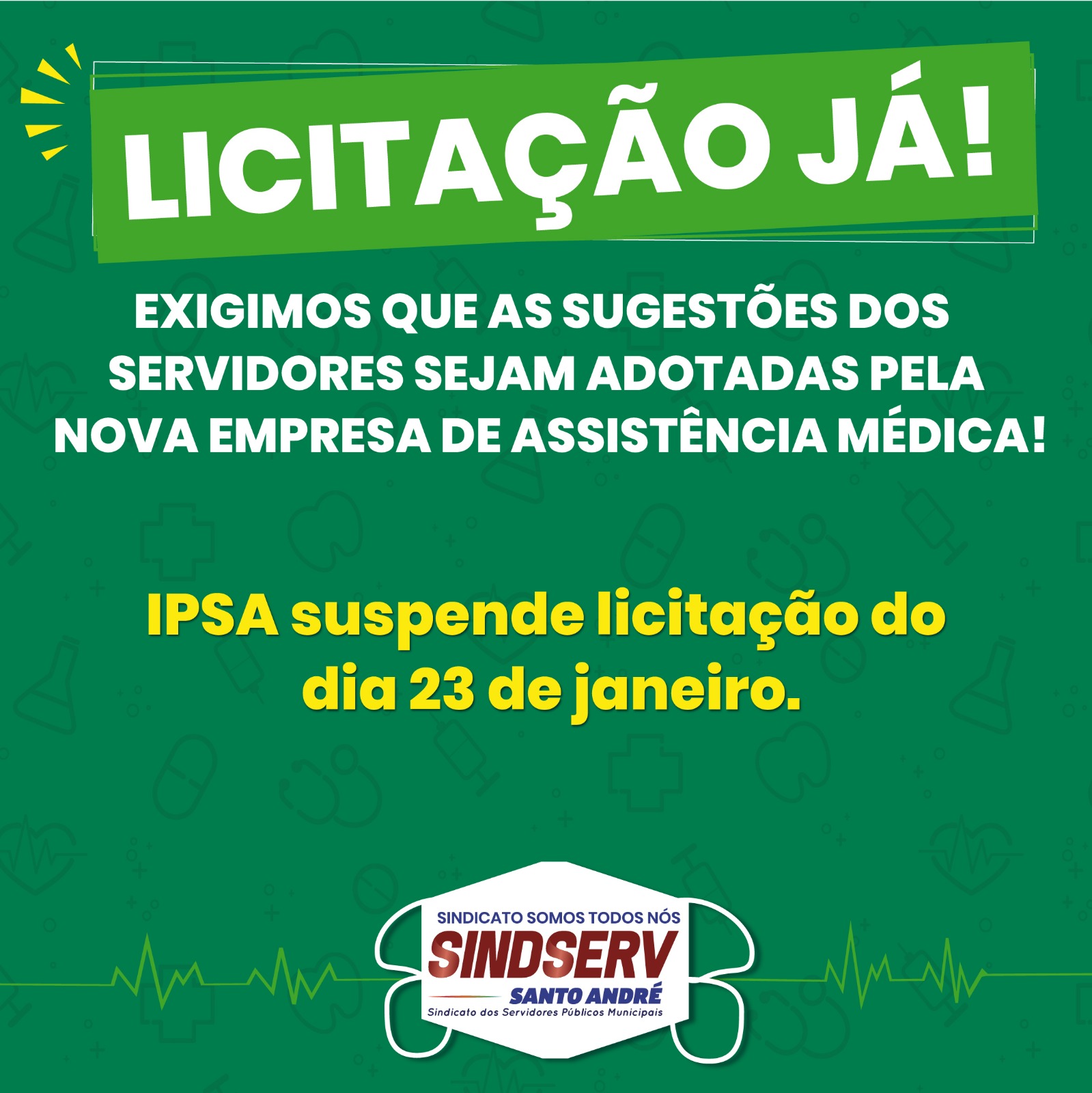 Imagem de Licitação JÁ! Sindicato exige que as sugestões dos servidores sejam adotadas pela nova empresa médica