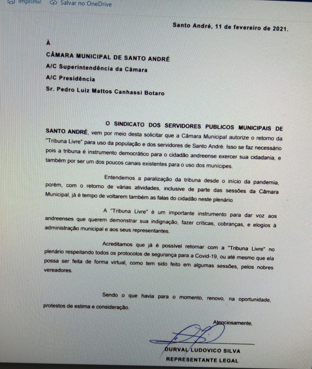 Imagem de Câmara Municipal: Sindserv Santo André pede retorno da Tribuna Livre 