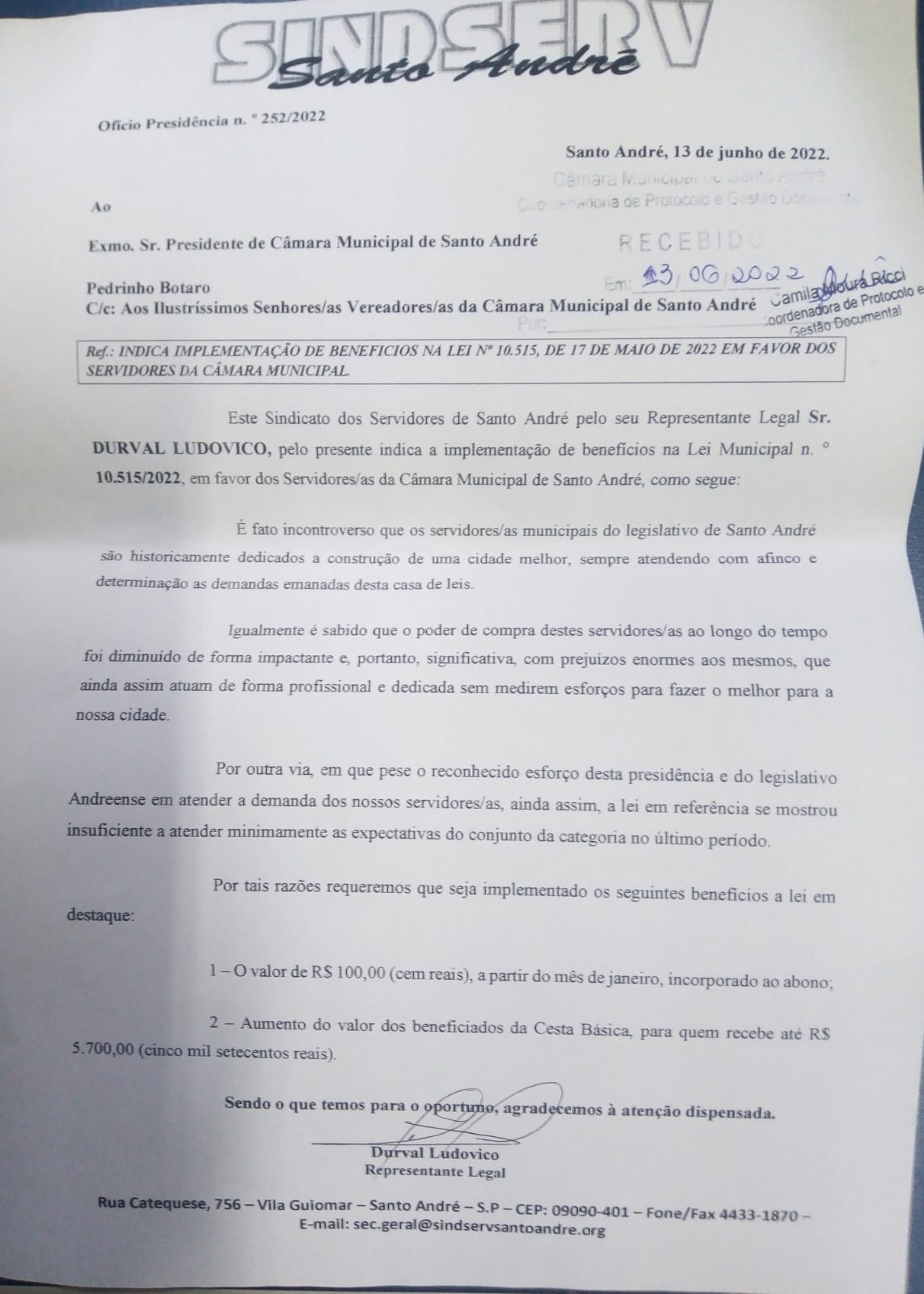 Imagem de Sindserv solicita implementação de conquistas do Acordo Coletivo para todos servidores da Câmara Municipal