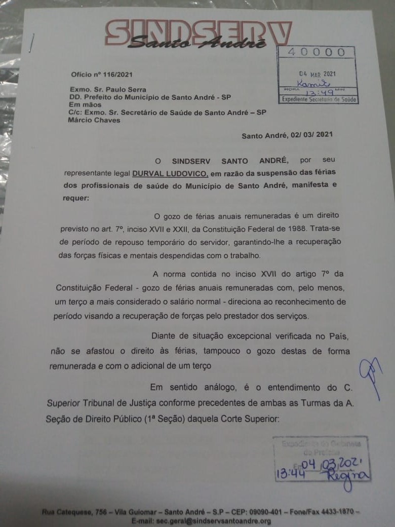 Imagem de Sindserv Santo André exige direito de férias dos servidores da saúde