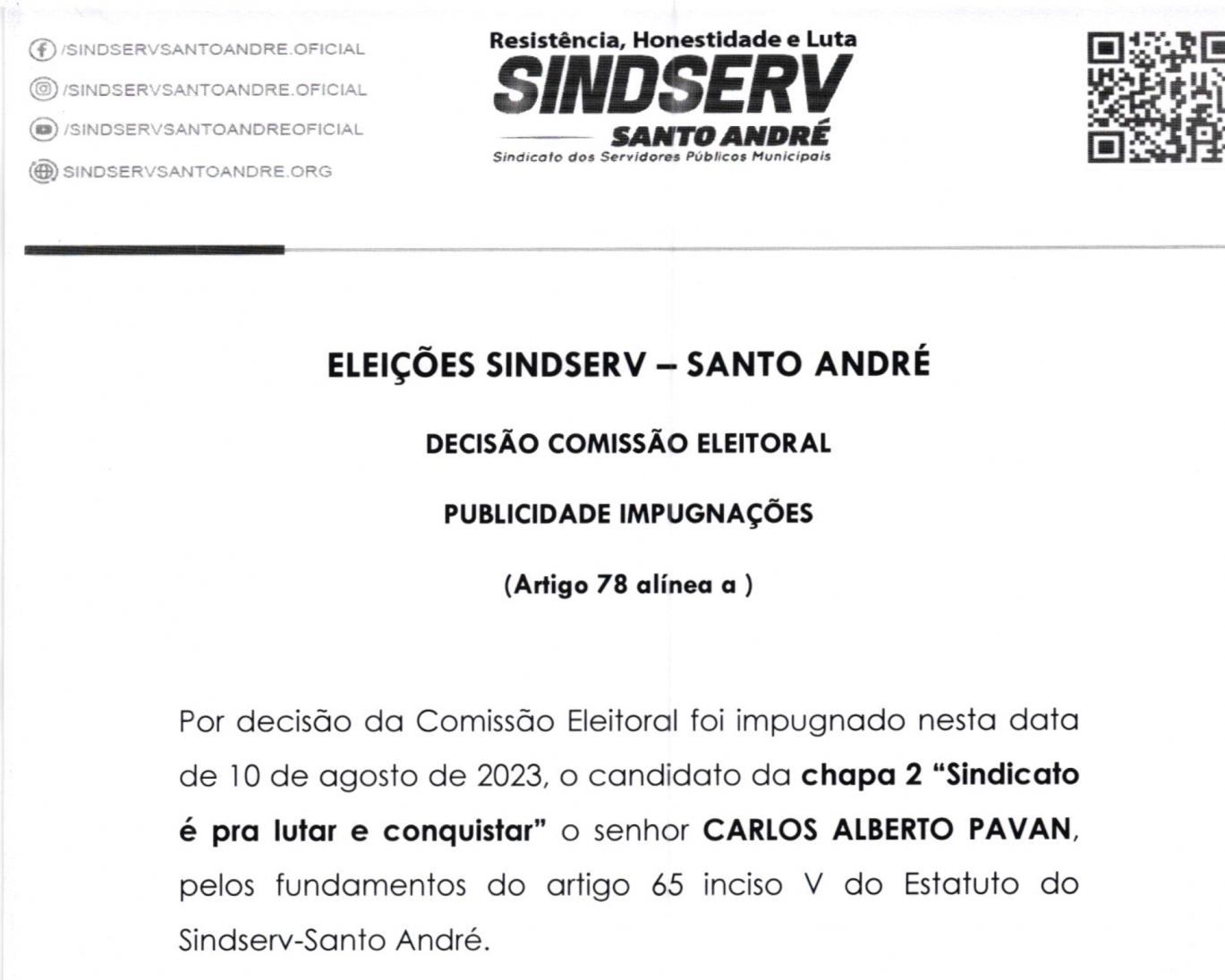 Imagem de Comissão Eleitoral impugna integrante da Chapa 2 “Sindicato é pra Lutar e Conquistar”