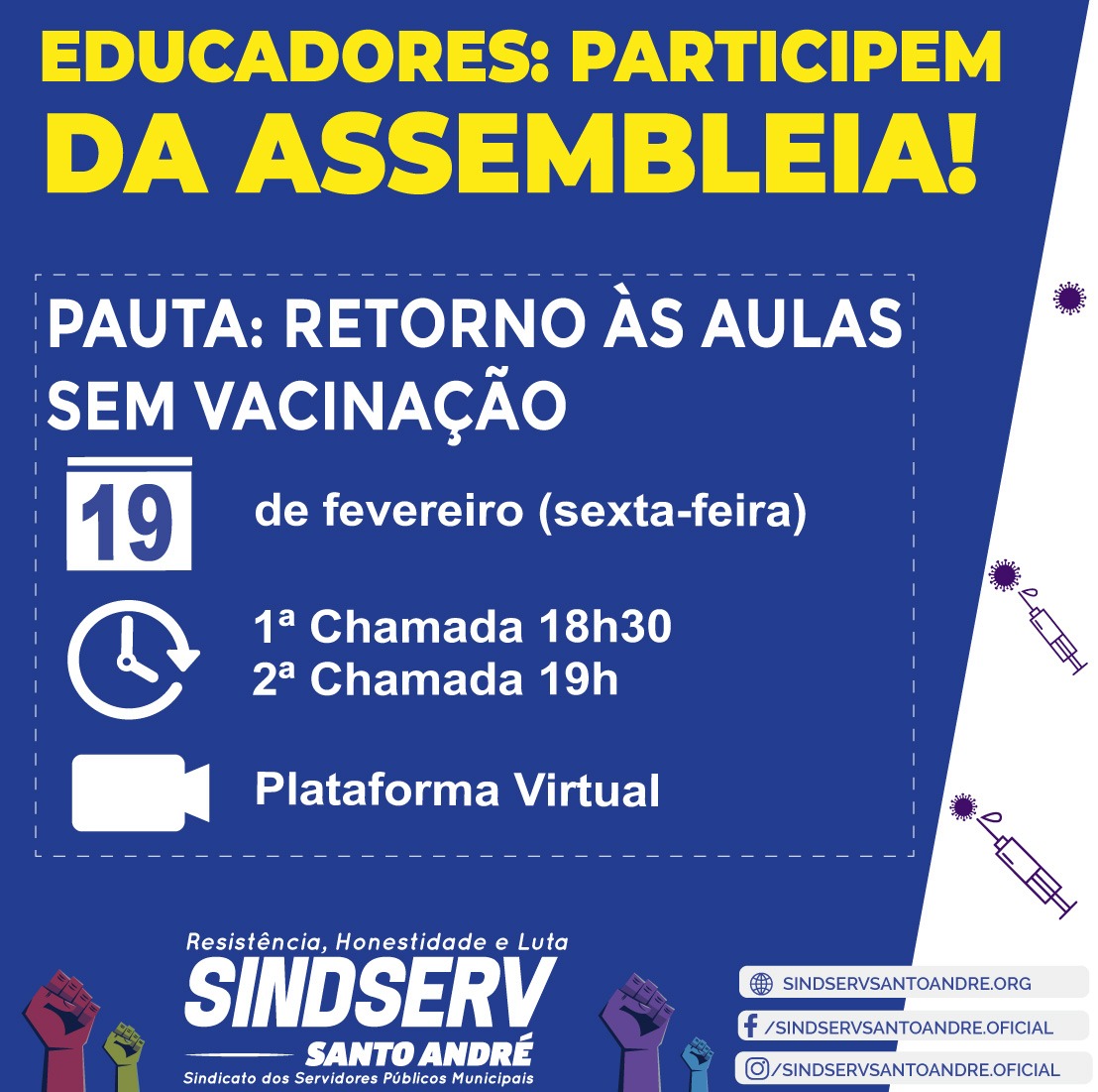 Imagem de É dia 19: Professores e educadores decidirão em assembleia do Sindserv Santo André sobre retorno das aulas na cidade