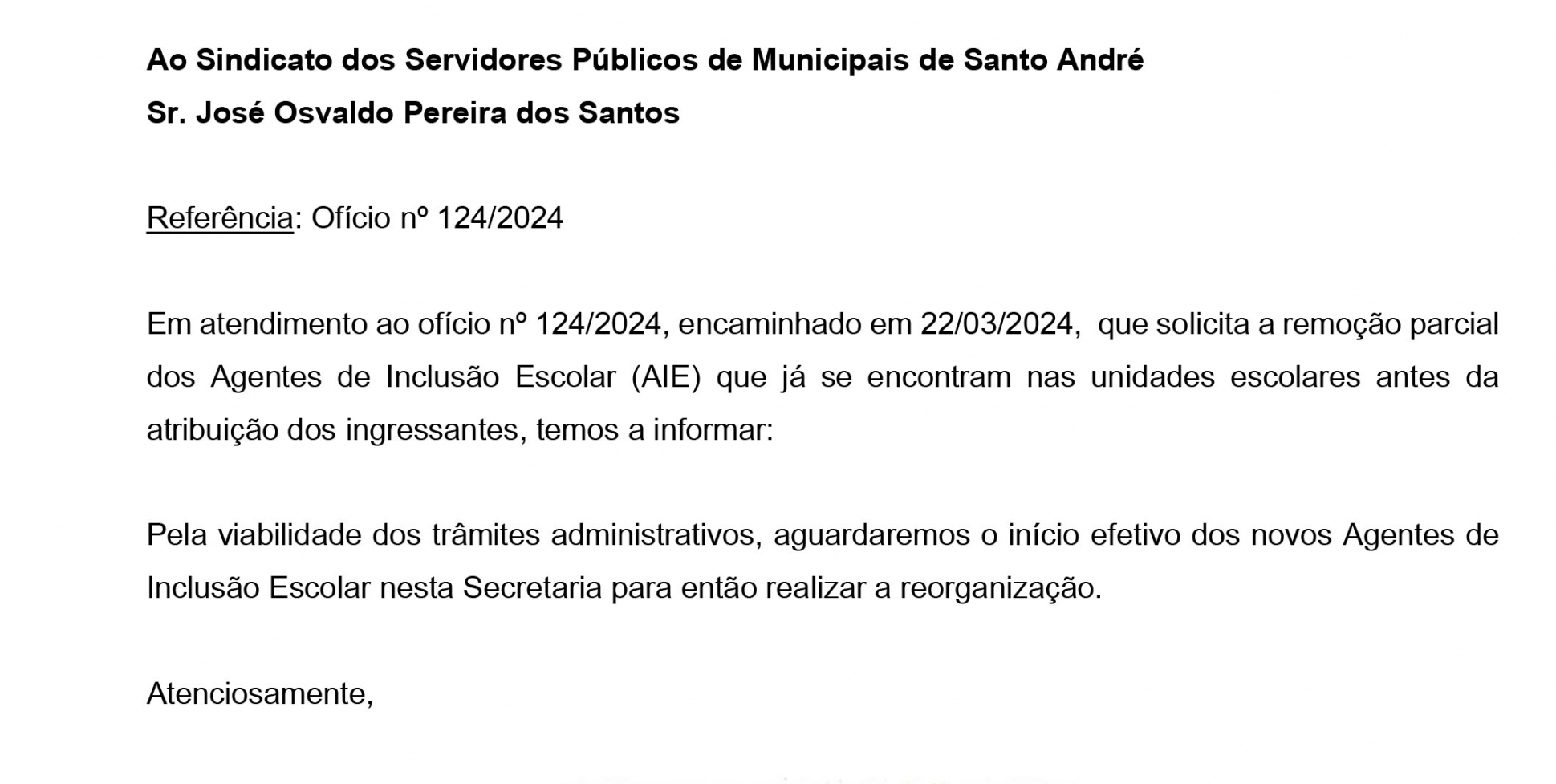 Imagem de Secretaria de Educação responde ofício do Sindserv sobre remoção parcial dos AIEs