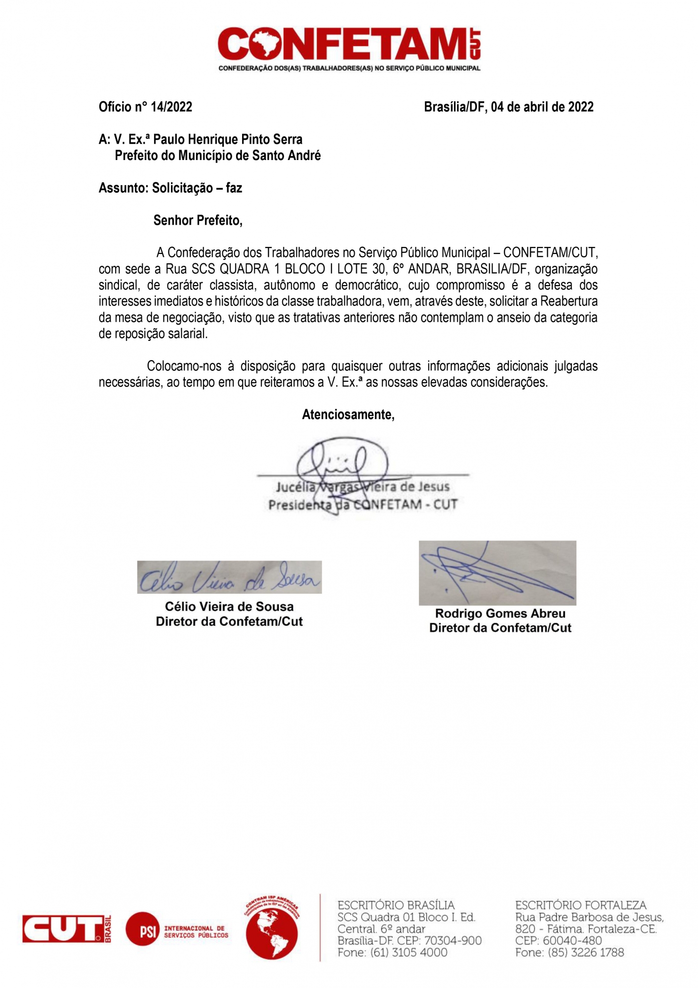 Imagem de CONFETAM pede reabertura da negociação da Campanha Salarial com prefeito Paulo Serra