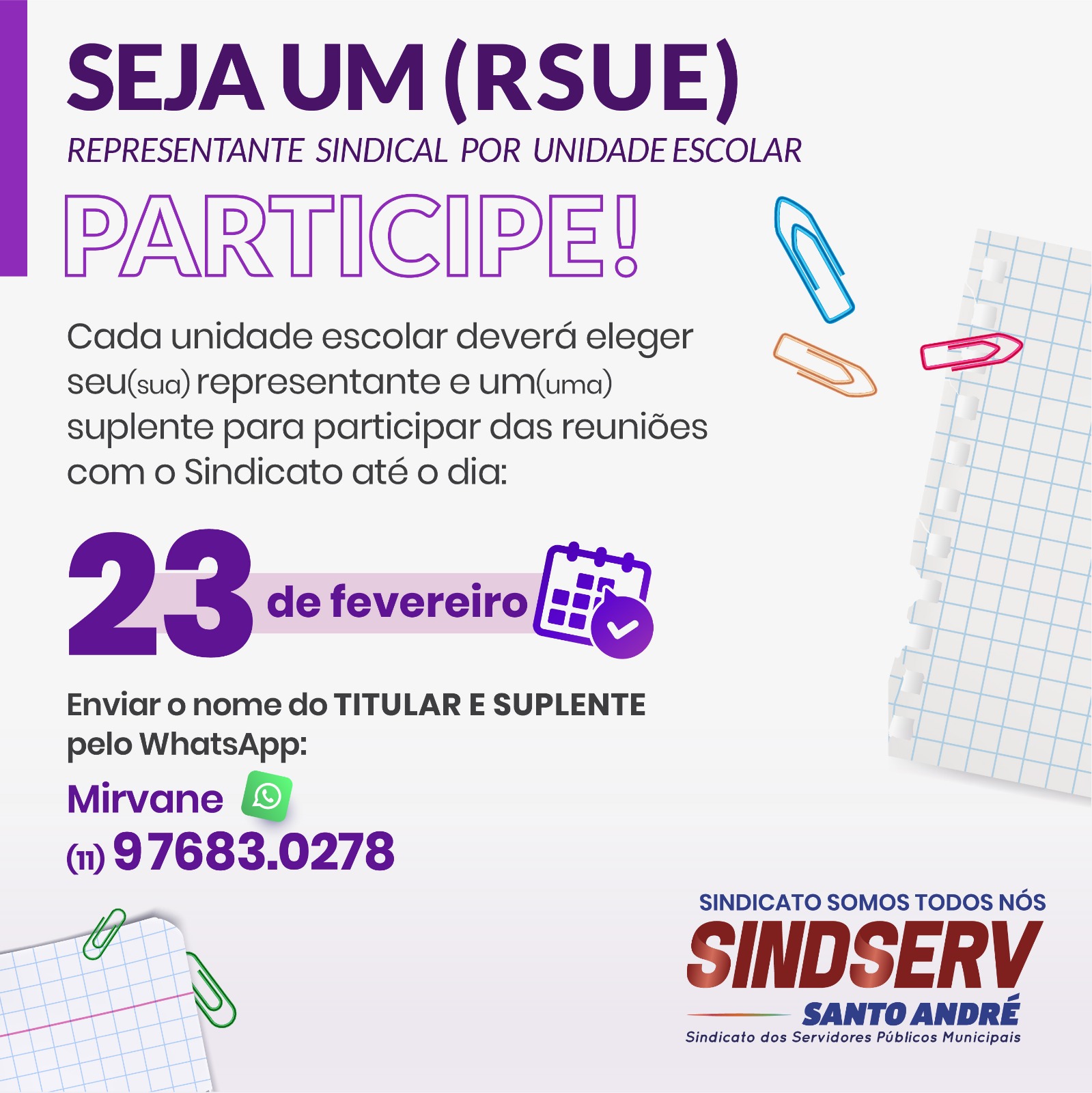 Imagem de Inscrições para Representante Sindical Escolar são prorrogadas até essa sexta (23)
